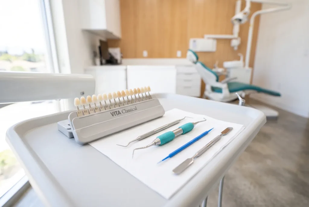 Composite shade guide and bonding tools used for same-day broken tooth repair in Reseda