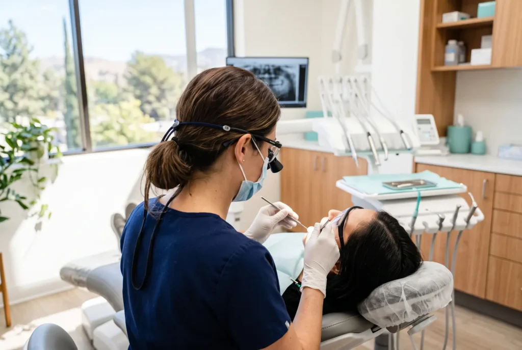 Dentista revisando a un paciente recostado durante un tratamiento urgente de absceso dental en Reseda