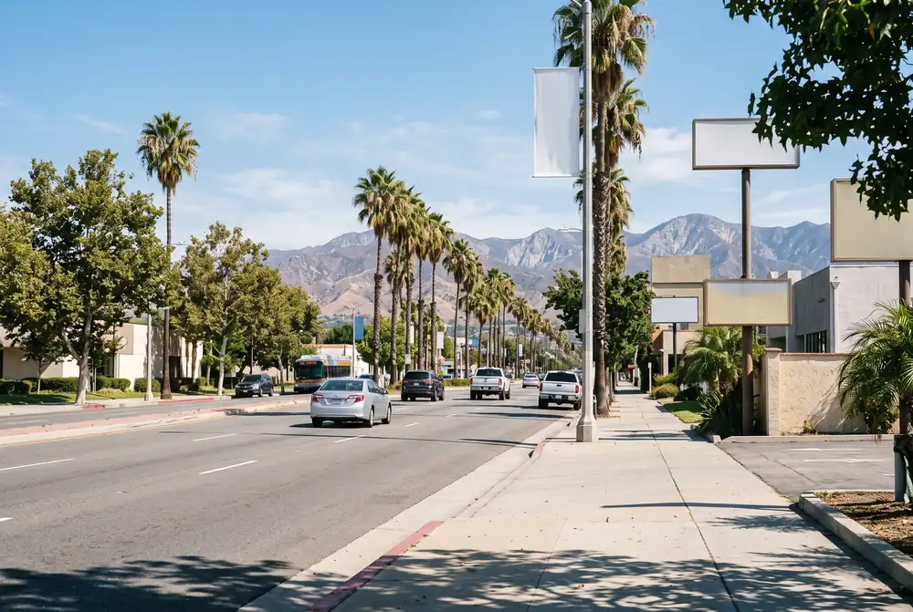 Wide San Fernando Valley boulevard lined with palm trees on a sunny day