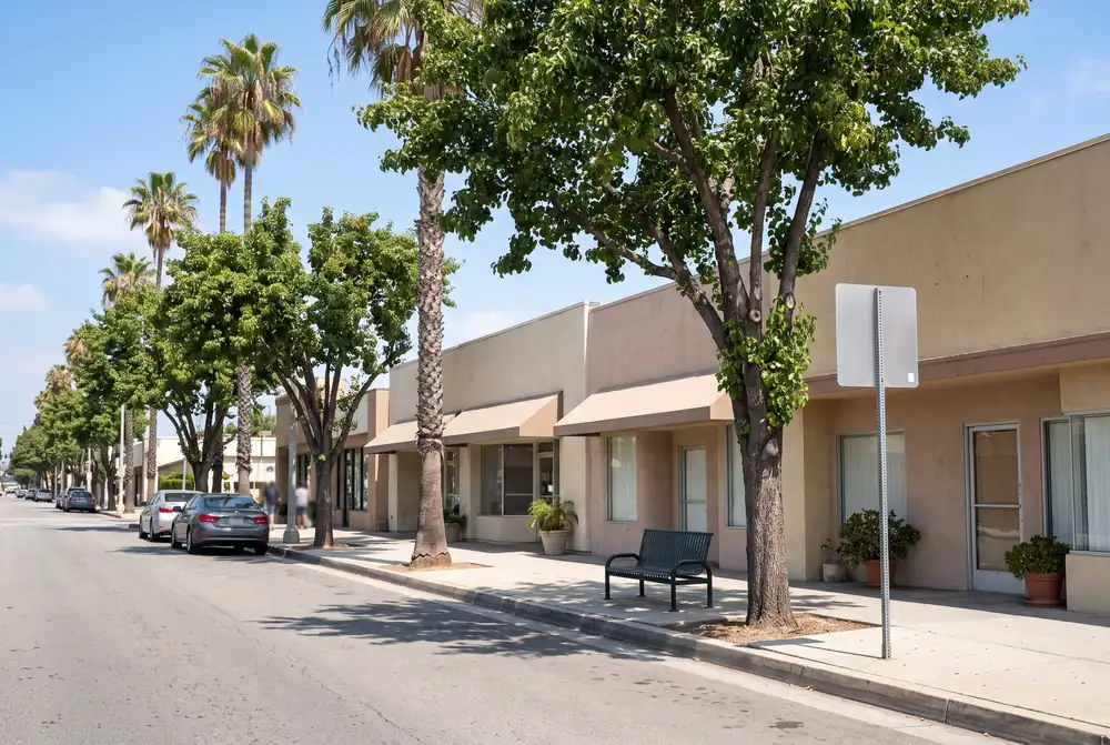 Sunny Valley street with a tree-lined sidewalk and low storefronts in a Canoga Park-style neighborhood