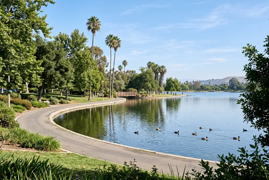 Lake with a paved path and palm trees in a sunny Los Angeles park, near Lake Balboa