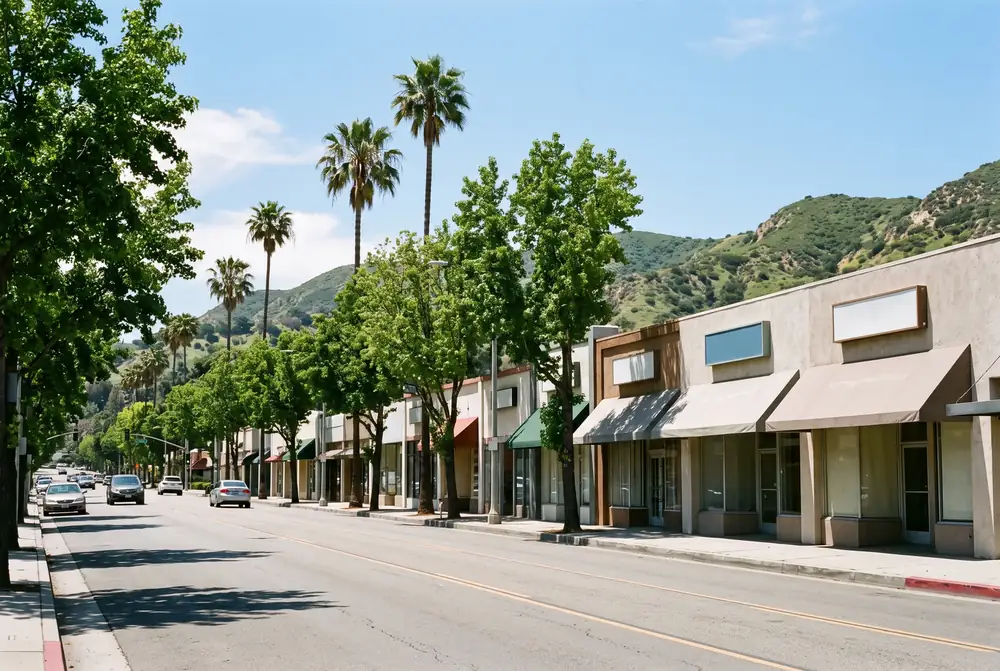 Sunny boulevard with shops and mature trees in a Tarzana-style Valley neighborhood