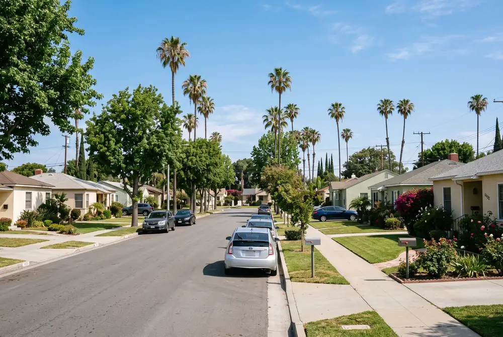 Quiet residential street with palm trees and single-story homes in a Winnetka-style Valley neighborhood