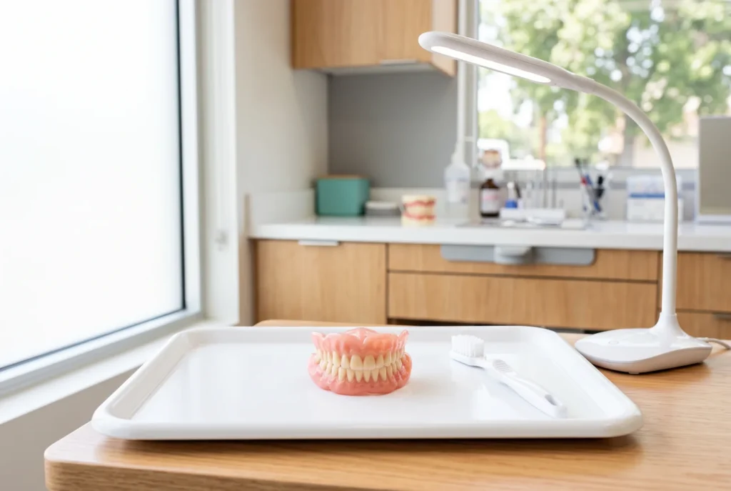 Full denture on a clean tray in a bright dental lab area for same-day denture repair in Reseda