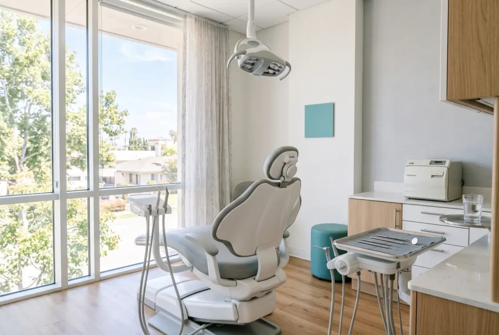 Sillón dental cómodo en un consultorio luminoso de Reseda usado para endodoncias el mismo día
