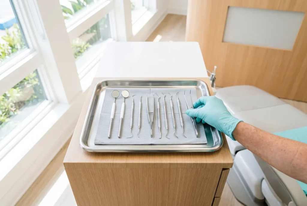 Instrumentos dentales esterilizados listos para una extracción de muela de emergencia en un consultorio luminoso de Reseda