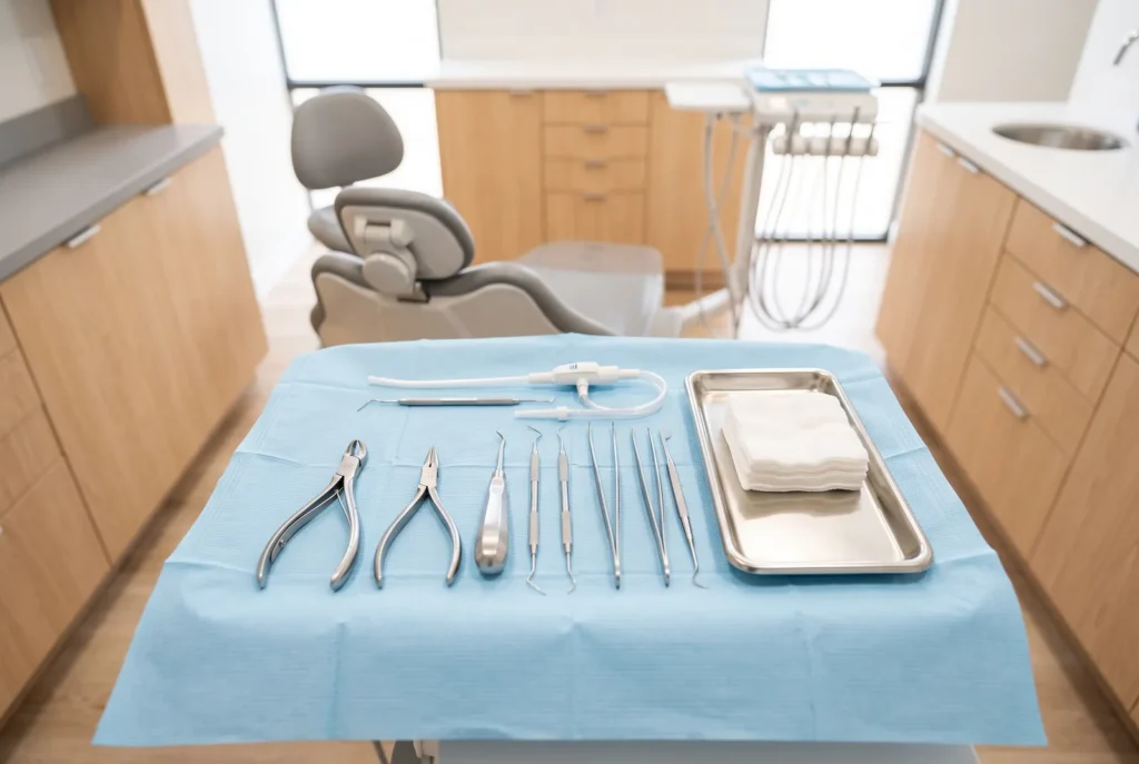 Surgical dental instruments and gauze prepared for an emergency wisdom tooth extraction in Reseda