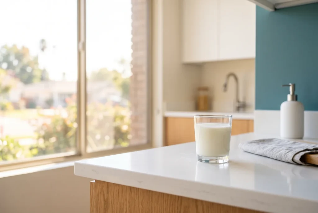 Small glass of milk on a kitchen counter, the right way to carry a knocked-out tooth to the dentist