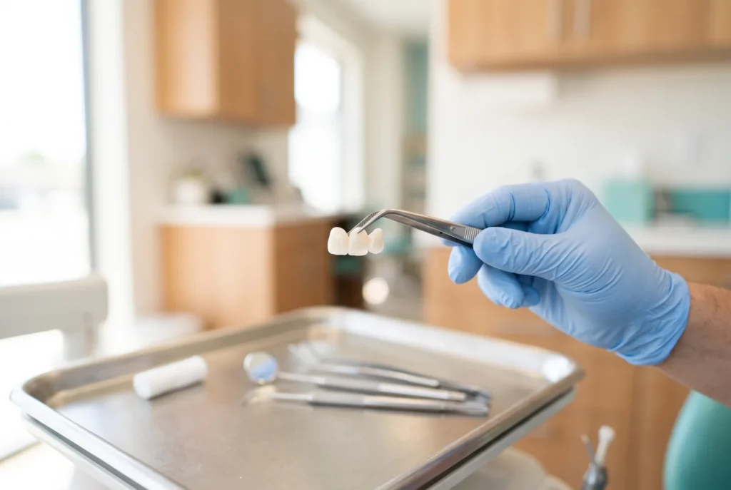 Dental crown held with tweezers in a bright Reseda treatment room