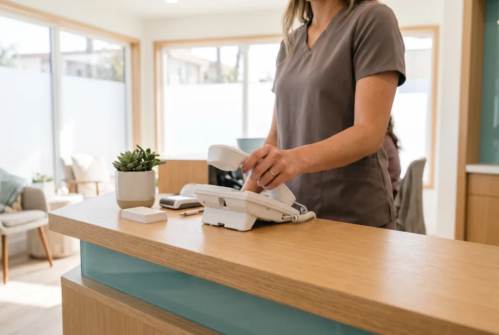 Front desk phone being answered at a bright dental office offering same-day appointments in Reseda