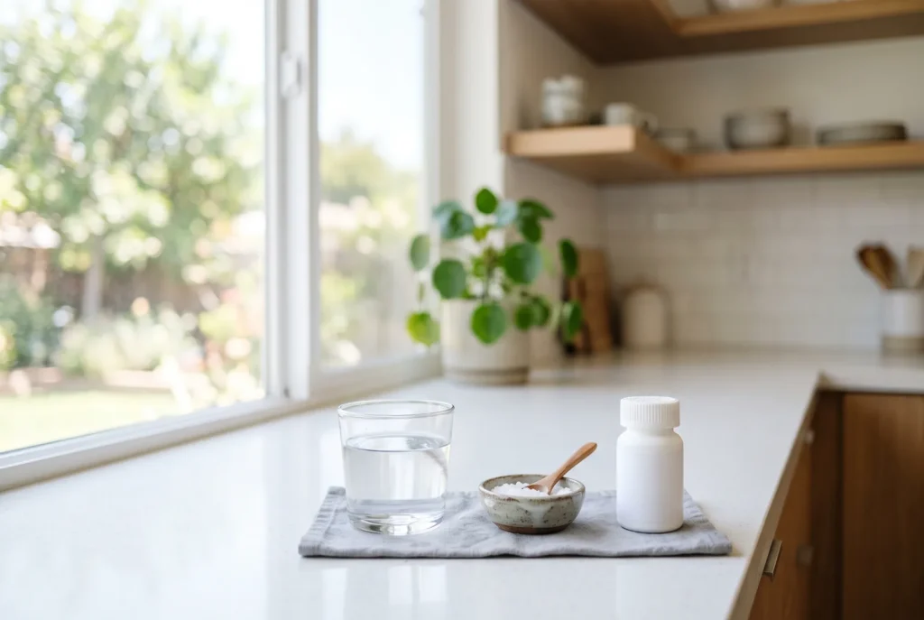 Warm salt-water rinse and pain reliever on a kitchen counter while waiting for a same-day toothache visit in Reseda