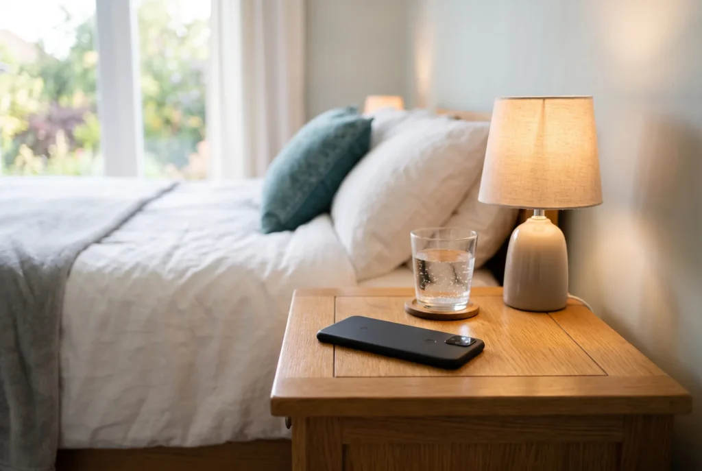 Phone on a nightstand at night, ready to call the 24/7 emergency dental line in Reseda