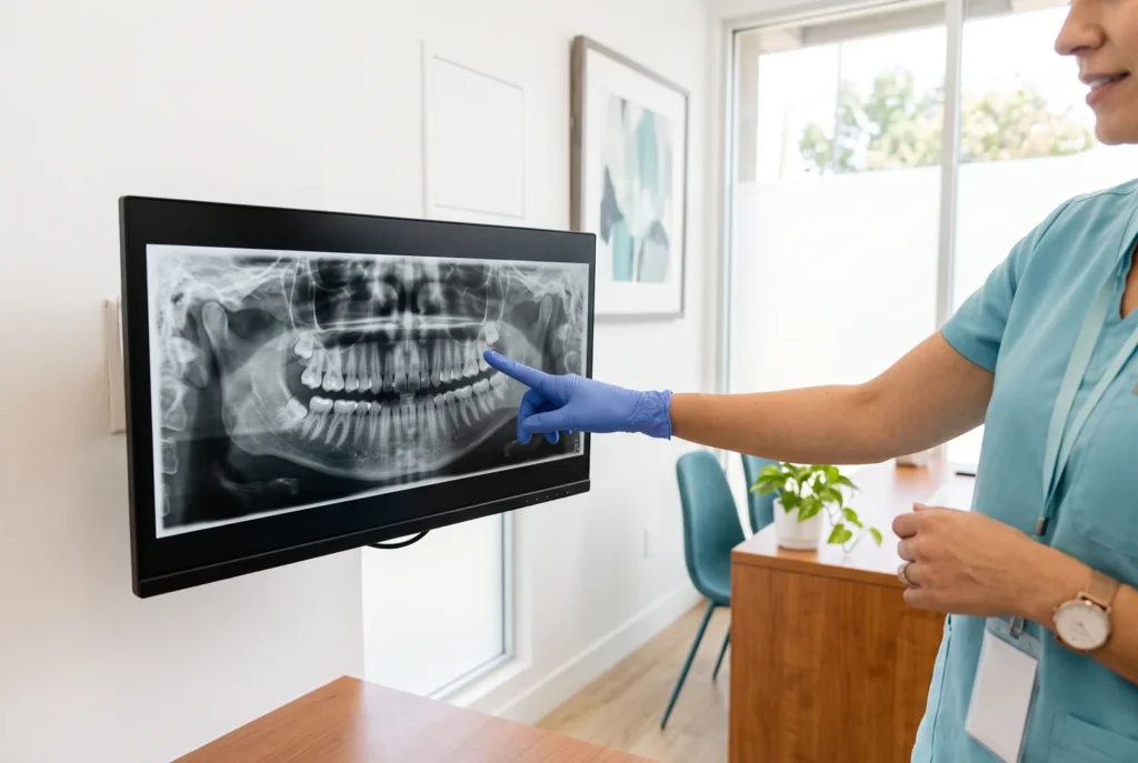 Panoramic dental X-ray on a monitor reviewed during a same-day wisdom tooth visit in Reseda